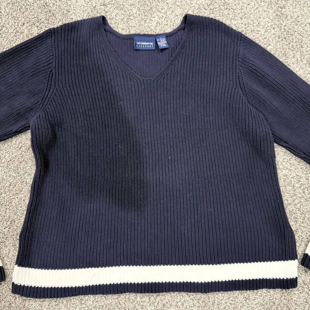 Liz Claiborne Navy Blue White 100% Cotton FS V Neck Sweater Classic Nautical L